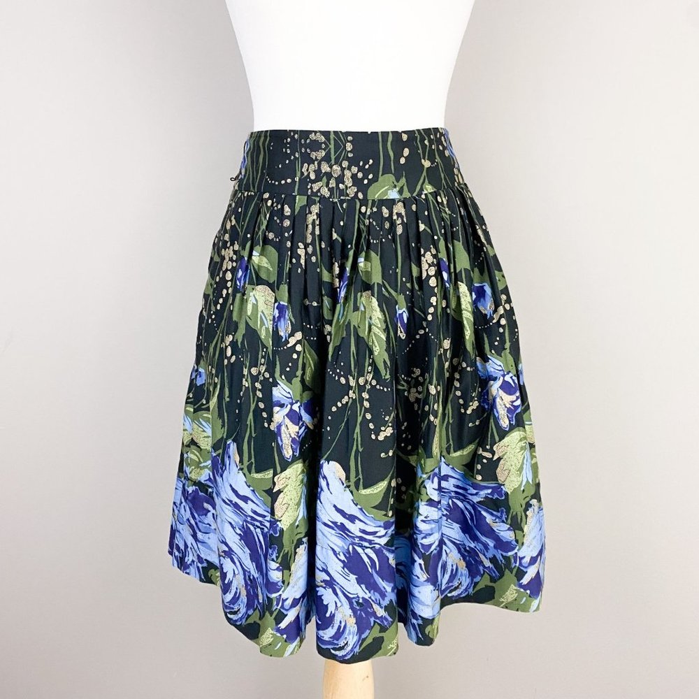 Ann Taylor Loft Black Blue Green Pleated A-Line Knee Length Skirt 6